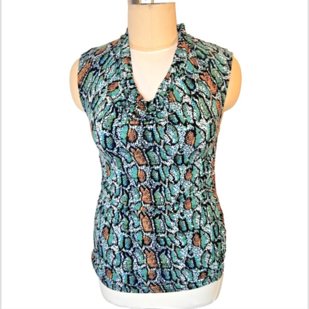 Fenn Wright Manson Women's Tank Blouse Black Teal Snake Print Ruched Cowl Neck